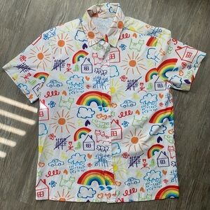 White Short-Sleeve Button-Up Shirt with Rainbow Print